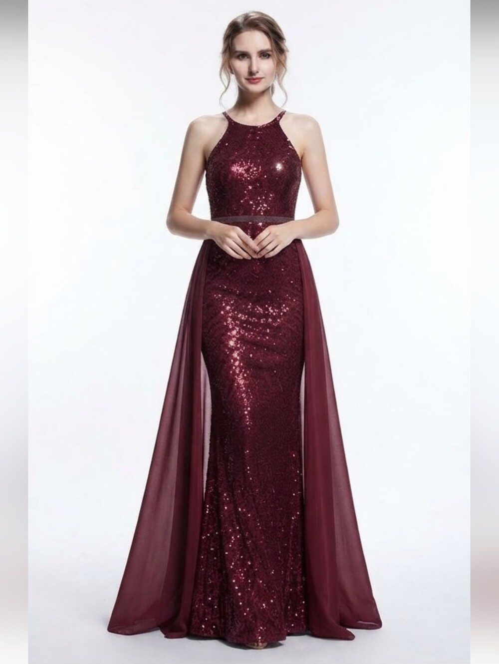 Burgundy,  O Neck, Sleeveless,  Detachable Skirt,  Sequined Mermaid Gown CUSTOM